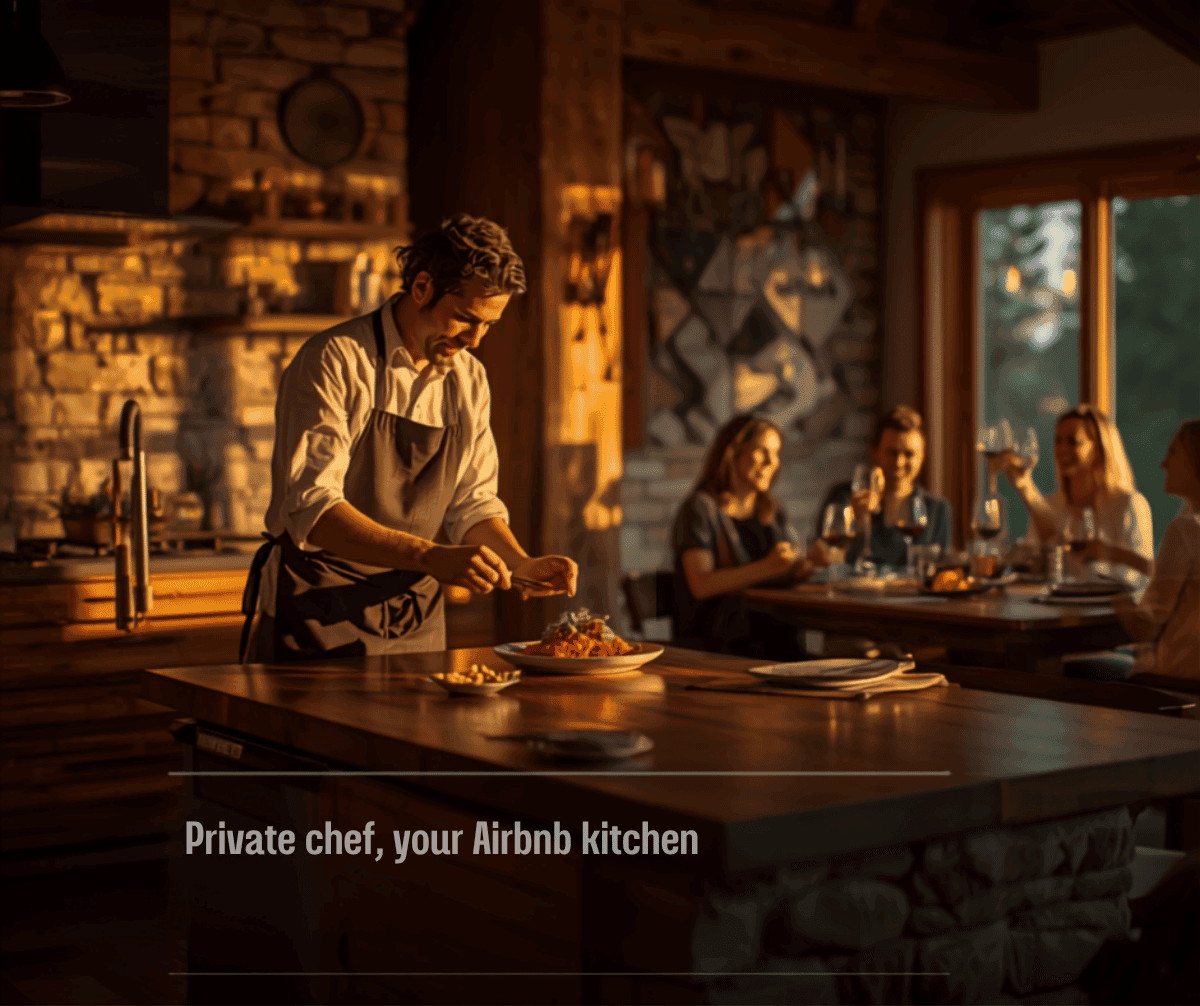 A private chef plating dinner in a Colorado rental kitchen while guests talk in the background